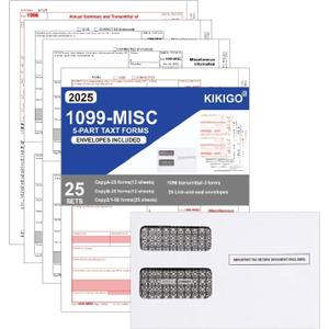 1099 MISC Forms 2025, 4 Part Tax Forms Kit, 25 Vendor Kit of Laser Forms, Compatible with QuickBooks and Accounting Software, 25 Lick-and-Seal Envelopes Included