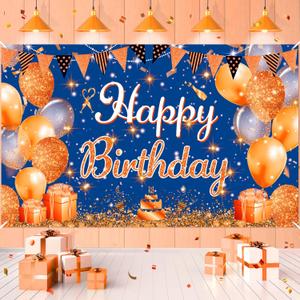 Blue and Orange Birthday Banner Decorations Large Navy Blue Orange Happy Birthday Banner Sign Background Photography for Boys Girls Anniversary Party Supplies 71x44Inch