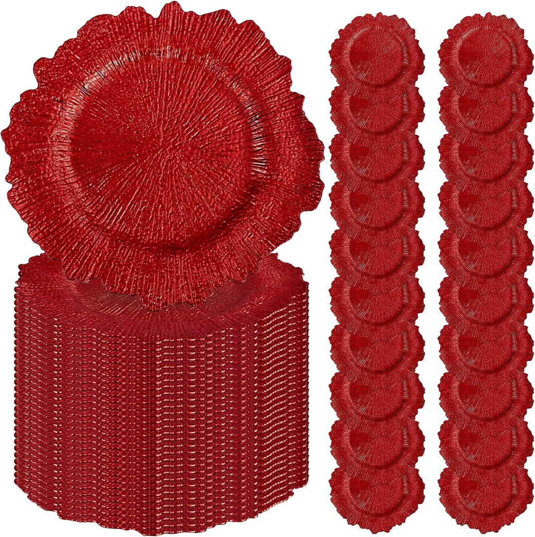 50PCS Red Charger Plates 13" Round Charger Plates Bulk Reef Chargers for Dinner Plate Decorative Red Chargers Plastic Plate for Wedding Party Event Baby Bridal Shower Table Decoration