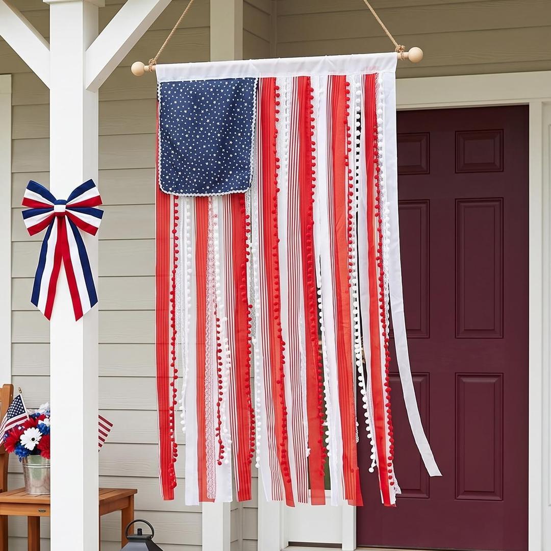4th of July Decorations, 2.3x4.3 Ft Patriotic Bunting Ribbon Banner, American Flag Wall Hanging for Front Door, Covered Porch, America's 250th