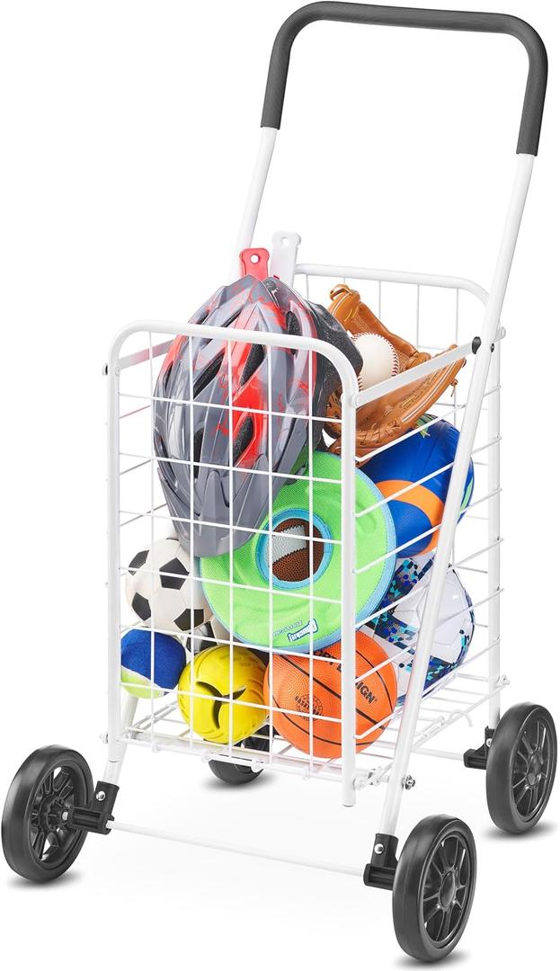Whitmor Folding Utility Shopping Cart with Wheels, Heavy Duty Metal Grocery Cart, Portable Foam Handle, Rolling Collapsible Trolley for Groceries, Laundry, Storage, White