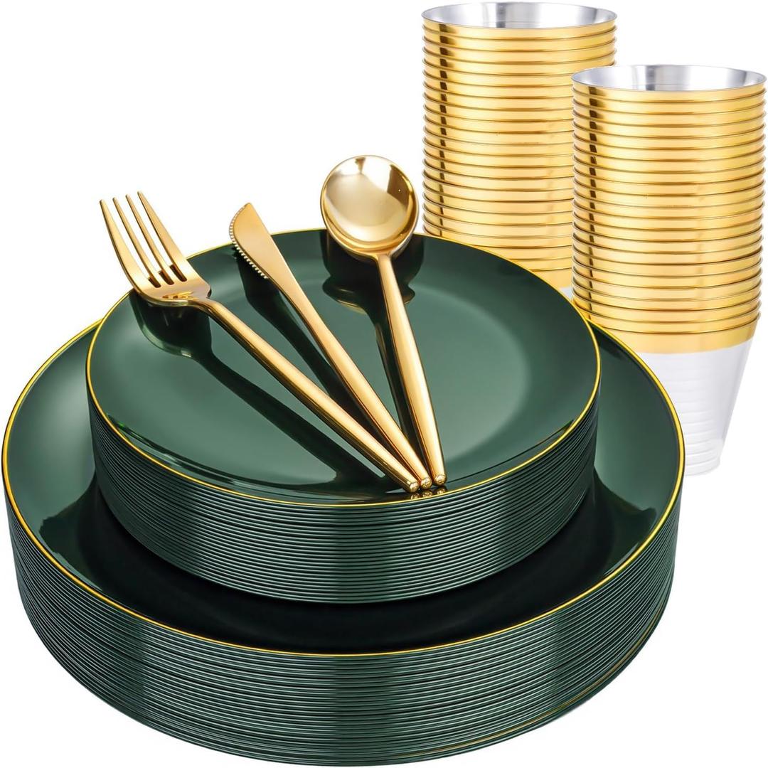 BUCLA 150PCS Green Plastic Plates - Green and Gold Disposable Include 25 Each (Dinner & Dessert) Plates, 25 Knives, 25 Forks, 25 Spoons and 25 Cups, Ideal for Party&Christmas