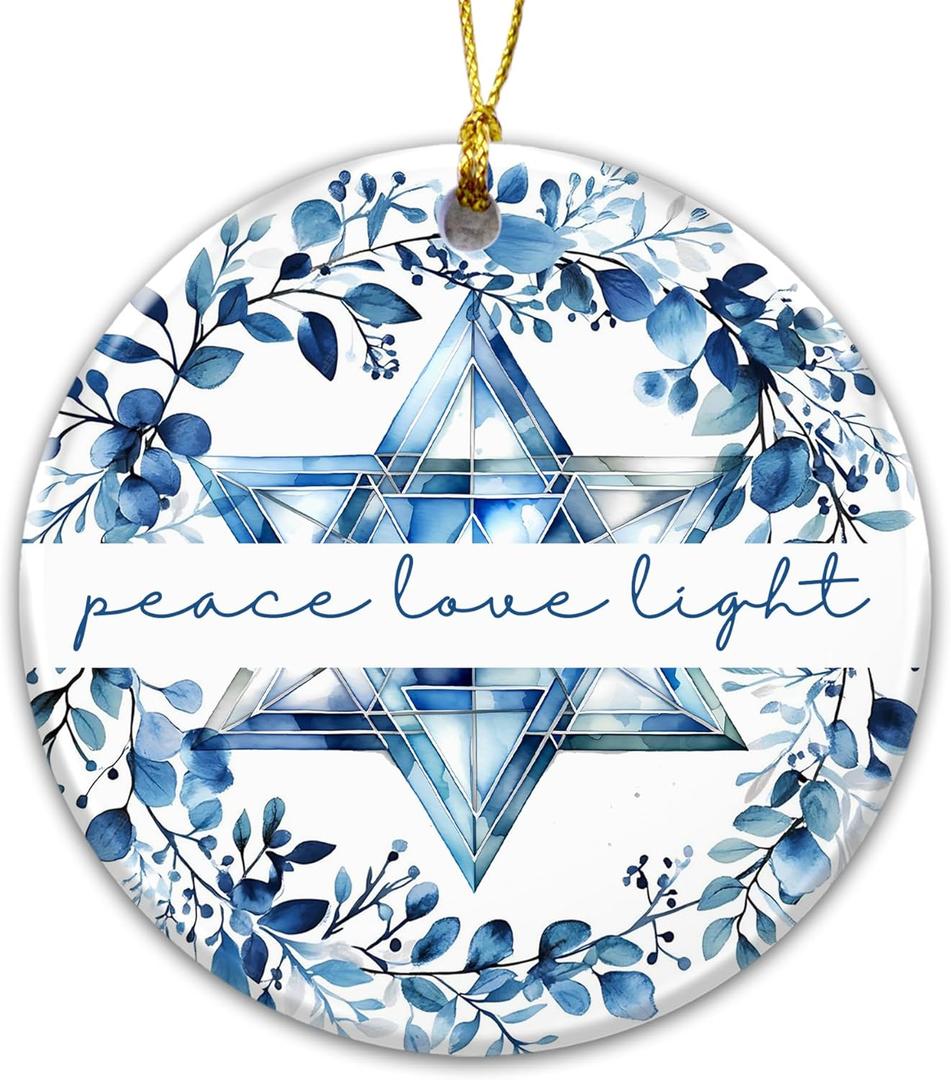 2 x Hanukkah Ornament 2025, Peace Love Light Ornament, White Elephant Gift Blue Star of David Decoration with Floral Wreath  Jewish, Festival of Lights Keepsake, Elegant Hanukkah Dcor