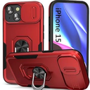 KETGII Case for iPhone 15 Phone Case Military Grade Protection with Sliding Lens Cover Built-in Kickstand Case for iPhone 15 -Red