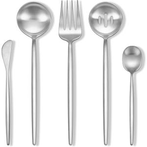 Stapava 5-Piece Matte Serving Utensils, Stainless Steel Flatware Serving Set with Large Spoons, Forks, Sugar Spoon & Butter Knife for Buffet Catering Banquet Party, Dishwasher Safe