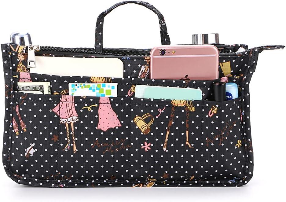 BTSKY Printing Handbag Organizers Inside Purse Insert-High Capacity 13 Pockets Bag Tote Organizer with Handle Fashion Style (Black+Pink)