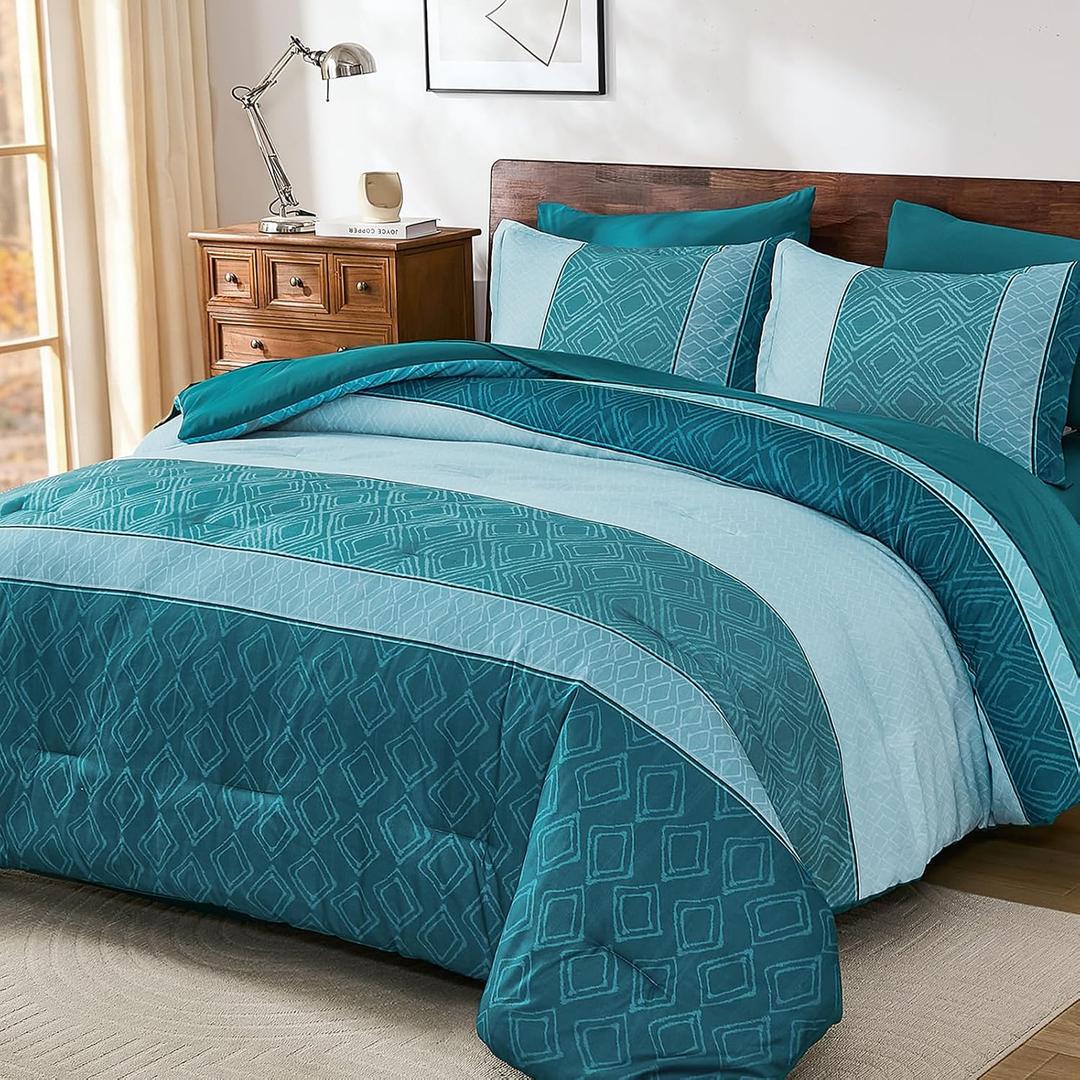 Boho Queen Comforter Set Teal Blue,Soft 7 Pieces Bed in a Bag Queen Size