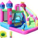 AirMyFun Inflatable Water Slide Pink Princess Bounce House for Big Kids 8-12 with Long Slide and Spray Water Gun for Kids Backyard Inflatable Bouncy Castle