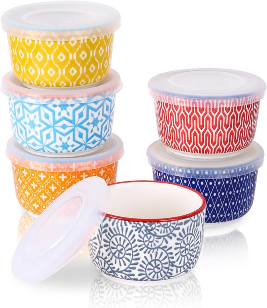 Selamica 6 oz Ramekins with Lids Oven Safe, Creme Brulee Ramekins Souffle Dishes with Covers, Pudding Custard Cups Stackable Ceramic Mini Ramekin Bowls Set for Baking, Dipping, Set of 6, Assorted Colors