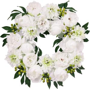 WELL KNOWN Fall & Winter White Wreaths for Front Door, Silk Aritificial Peony Wreath for Front Door Porch, Indoor Wall Window Home Decor, Farmhouse Thanks Giving Christmas Party Wediing Decor & Gift