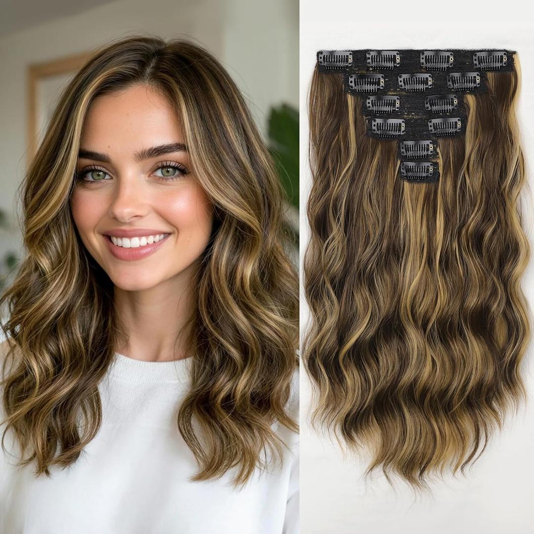 KooKaStyle Short Hair Extensions 6PCS 14 Inch Wavy Curly Hairpieces Synthetic Soft Lace Weft Clip in Hair Extensions-Balayage Chocolate Brown to Caramel Blonde for Women