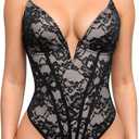 Popilush Shapewear Bodysuit for Women Deep V Neck Sleeveless Lace Corset Bodysuits Tummy Control Tank Tops (3X-Large, Dark Black)