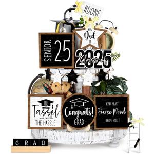 Mifoci 15 Pcs Graduation Tiered Tray Decor Set Farmhouse Wood Class of 2025 Table Decorations Tabletop Rustic Wooden Signs for Home Graduation Kitchen Decoration