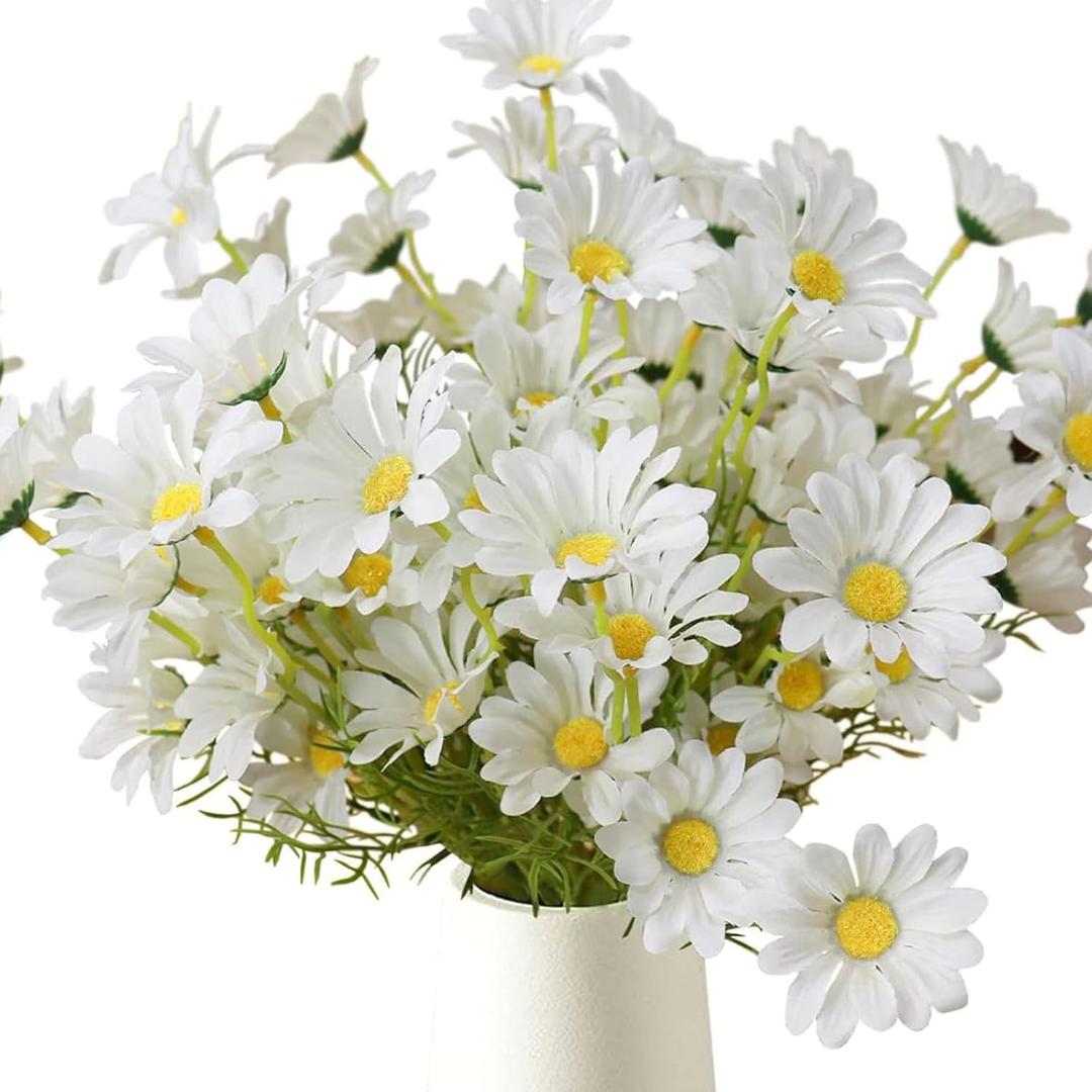 Artificial Flowers 8 Bundles 20 White Artificial Daisy Flowers UV Resistant Outdoor Fake Wildflowers with Stems Faux Greenery Shrubs Plants Arrangements for Home Garden Vase Decor