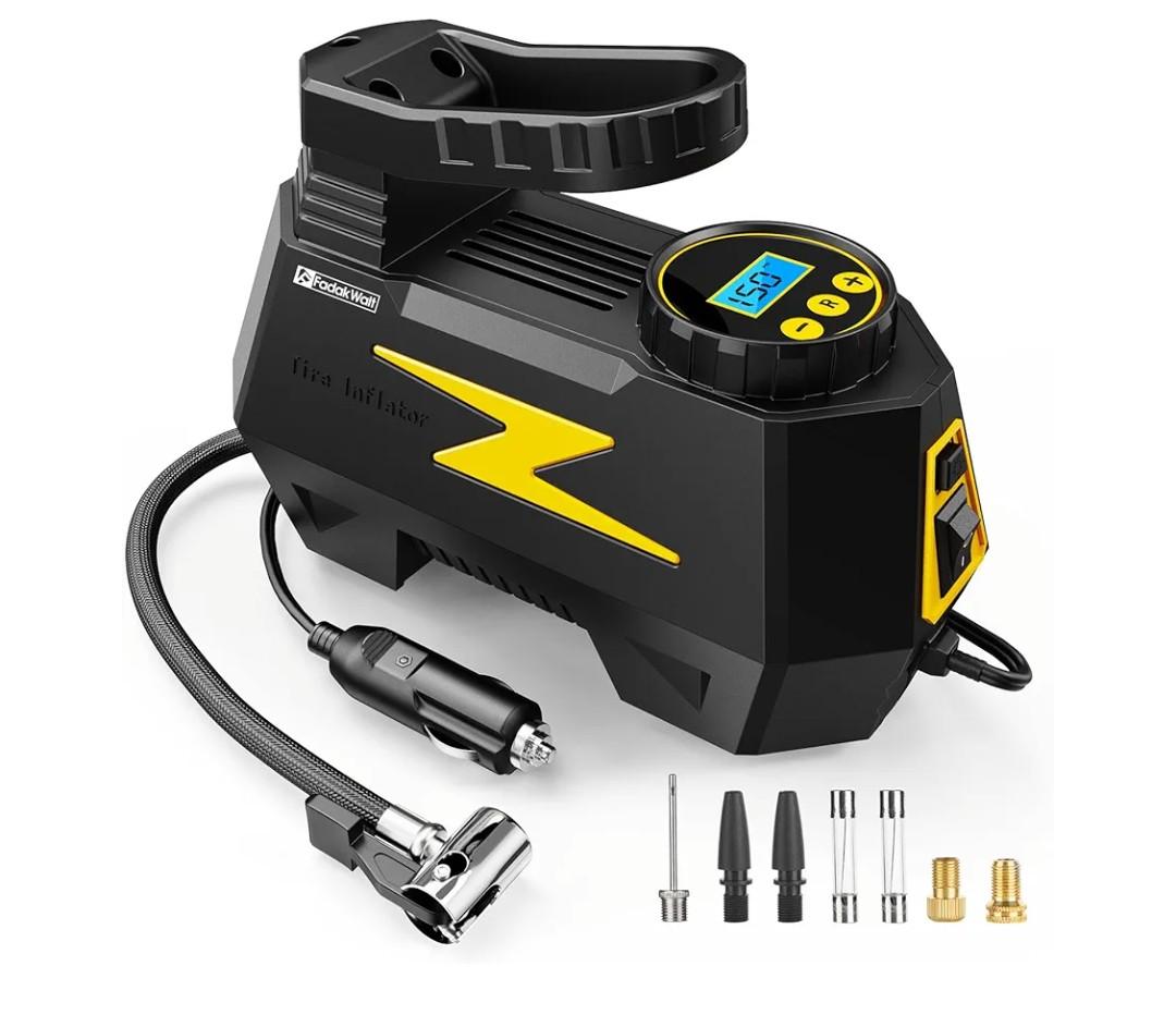 FADAKWALT Tire Inflator Portable Air Compressor, DC 12V Tire Air Pump with LED and 150PSI Digital Pressure Gauge, Portable Tire Inflator for Car Tires, Motorcycles, Bike, Ball (Yellow)