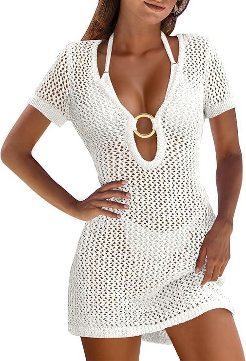 ANRABESS Women Beach Crochet Cover Ups Summer Knit Swimwear Short Sleeve Mesh Dress 2025 Vacation Bathing Suit Swimsuits White X-Large (White, XL)