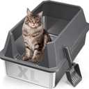 Stainless Steel Litter Box with High Sides, XL High Sided Cat Litter Pan, Open Top Extra Large Metal Cat Litter Box, Non-Stick, Odor Free, Leakproof, Scoop Included, Gray XML3-Light Gray-BT-03
