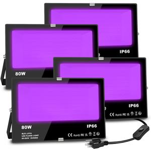 MELPO Black Light 80W Blacklight Flood Light Outdoor for Glow Party, Halloween Decoration, Body Paint, Fluorescent Poster, Stage LightingNeon Glow, IP66, US-Plug-Switch-5.9Ft Cord (Pack of 4)