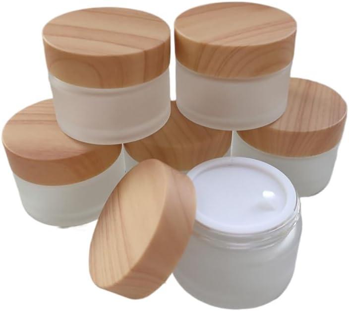 1 Oz Frosted Glass Cosmetic Containers with Wood Grain Lids, 30ml Travel Empty Makeup Jar Pot Box