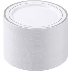BESTSTAR 100PCS White Plastic Plates for Party, 10.25 Inch Disposable Plates with Silver Rim, Heavy Duty Dinner Plates for Christmas, Wedding and Birthday