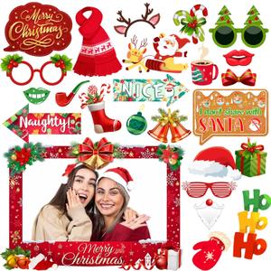 Christmas Photo Booth Props Kit, 24Pcs Fun Photo Props & Selfie Frame for Christmas Photos Decoration, Funny Santa & Gingerbread Photo Props for Xmas Holiday Party Decoration