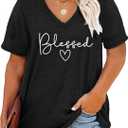 Plus Size Blessed Shirts Women V Neck T Shirts Short Sleeve Tshirts Summer Tops (2X, Black)