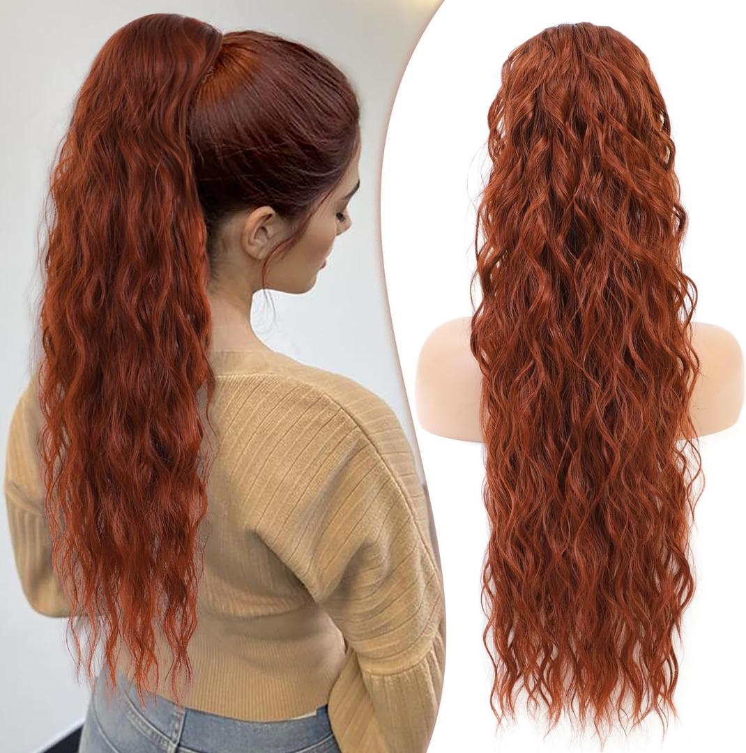 Ponytail Extension 26 Inch Drawstring Ponytail for Women Ginger Curly Wavy Pony Tail Hair Extensions Long Synthetic Hairpiece for Daily Use, Dark Copper Red