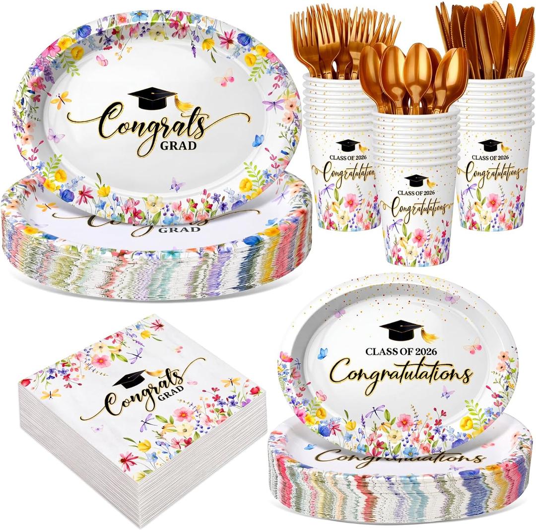 Pajean 350 Pcs 2026 Graduation Party Decorations Wildflower Graduation Oval Plates and Napkins Flowers Heavy Duty 12 inch Disposable Tableware Set for 50 Guests Class of 2026 Grad Party Supplies