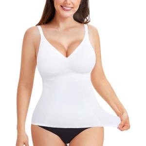 LODAY Compression Tank Tops for Women Tummy Control Shapewear Seamless Body Shaper Workout V-Neck Camisole Cami Tops (X-Large, White)