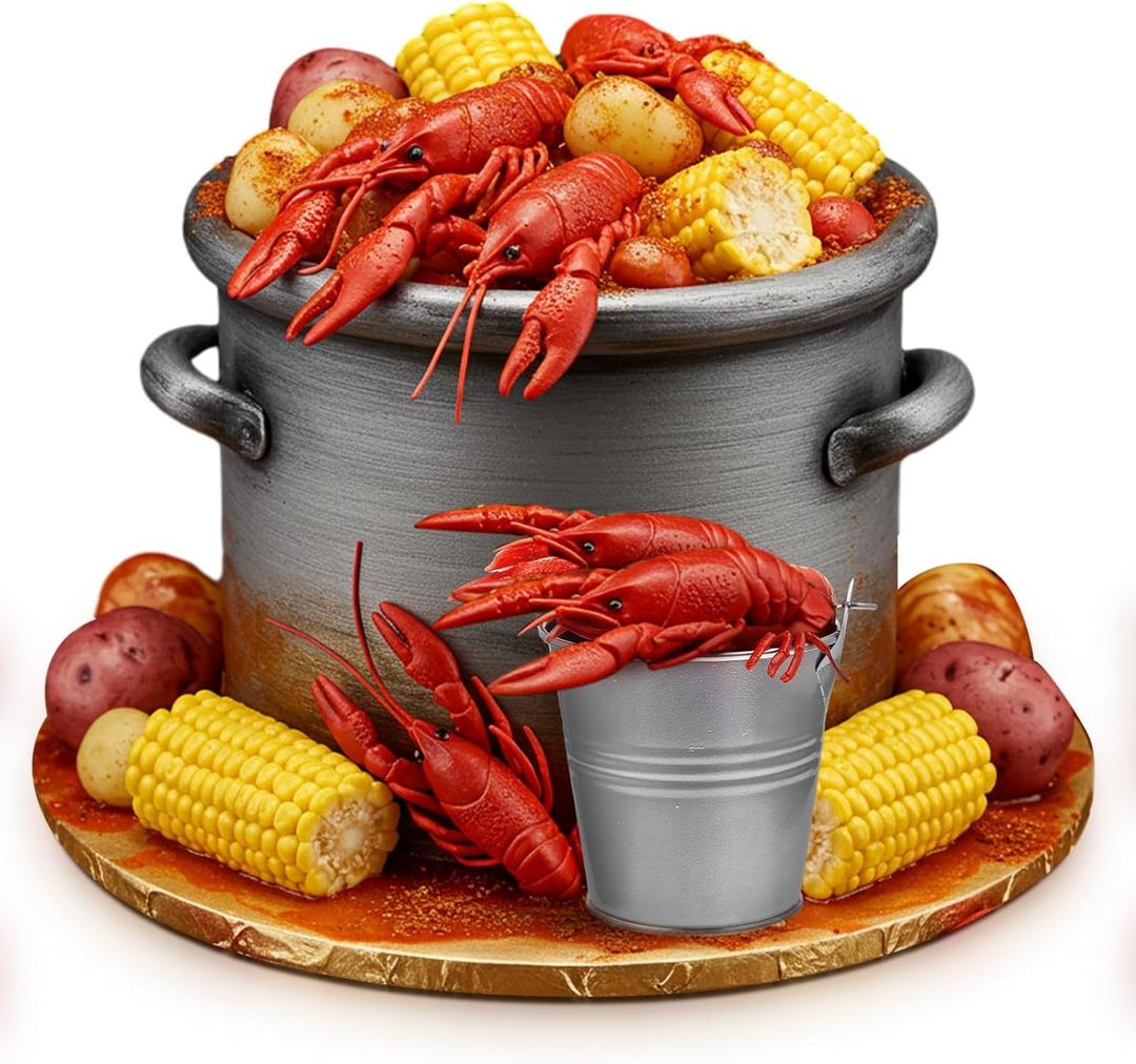 Gemscream 13 Pcs Crawfish Boil Party Supplies Fake Crawfish Party Decorations Lobster Cake Toppers Plastic Crayfish Potato Corn Metal Pail for Lobster Theme Birthday Festival Potluck