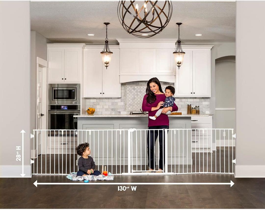 Regalo Safety 56"-130" Super Wide Baby Gate & Play Yard, 2-in-1 Adjustable Safety Gate for Doorways & Bottom of Stairs, Wall Mounted Room Divider, Includes Wall Mount Kit (White)