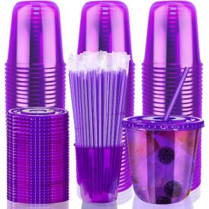 12oz Disposable Stemless Glasses with Flat Lids and Straws,PET Disposable Drinking Cups,Clear Plastic Wine Glasses for Parties Birthday,Wedding,Meeting,Christmas Party Supplies. (50, Purple)