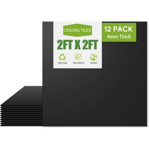 2ft x 2ft Drop Ceiling TilesSmooth Black PVC Ceiling Tiles 24 x 24in. Waterproof, Washable and Fire-Rated - Reusable - High-Grade PVC to Prevent Breakage-Package of 12 Tiles