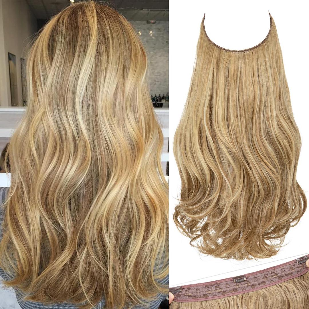 SARLA Invisible Wire Hair Extensions with 3 Clips Long Wavy Curly Synthetic Hairpiece for Women Adjustable Transparent Headband 16 Inch Sahara Beige