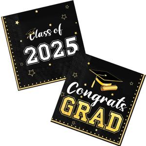 Karenhi 2025 Graduation Napkins Class of 2025 Disposable Black and Gold Congrats Grad Cocktail Napkins Paper 3 Ply for High School University College Graduation Party Decorations, 2 Design(100 Pcs)