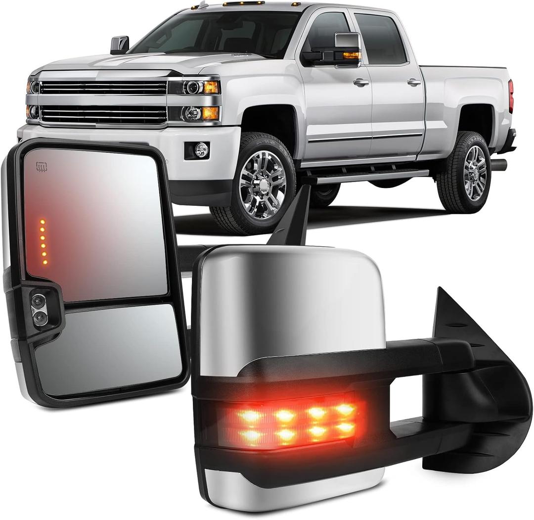 OCPTY Power Heated Towing Mirror Fit For Chevy Silverado 2008-2013 For Gmc Sierra 2008-2013 For Chevy 2007-2014 For Gmc 2007-2014 Rearview Mirrors Towing Mirrors Chrome Driver & Passenger Side