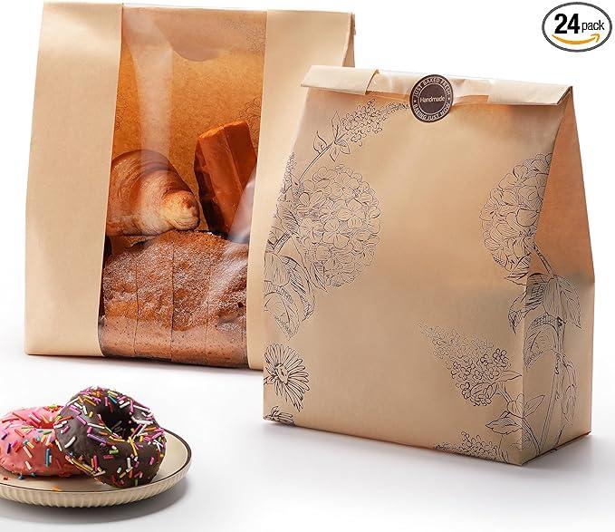 24 Pack Paper Bread Bags for Homemade Bread and Sourdough, 50% Thicker Large Kraft Loaf Bags with Clear Window for Bakery Packaging & Storage, Includes Sealing Stickers