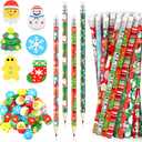 Crtiin 72 Pcs Christmas Pencils and Mini Erasers Bulk, Christmas Cute Fun Novelty Pencil and Erasers, Gingerbread Man Santa Snowman Cartoon Xmas Party Gifts Prizes Favor