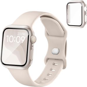 Adorique 3-in-1 for Apple Watch Band 40mm 41mm with Case & Screen Protector, Silicone Sport Band and Protective Cover with 9H Tempered Glass for iWatch Series SE 9 8 7 6 5 4 3, Starlight