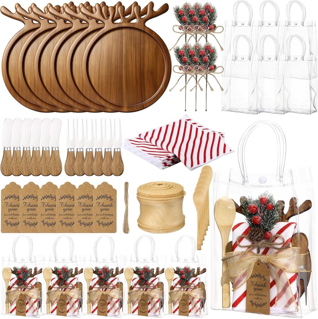 6 Set Christmas Kitchen Gifts Wood Cheese Board Fork Spoon Butter Spreaders Dish Cloth Thank You Card Ribbon and Gift Bags for Merry Christmas Cooking Serving Xmas Utensils Gifts (Reindeer)