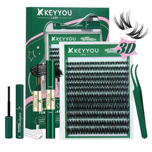 KEYYOU Flaunt Lash Clusters Kit 3D Spider DIY Lashes Extension Kit Thick Eyelash Clusters 144pcs Individual Lashes Fluffy Wispy Volume Lashes with Waterproof Lash Bond and Seal & Remover (F01)