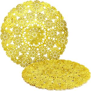 Juvale 60 Pack Gold Doilies, 12 inch Round Medallion-Style, Disposable Placemats for Party Table Decorations - Doilies for Tables - Gold Placemats