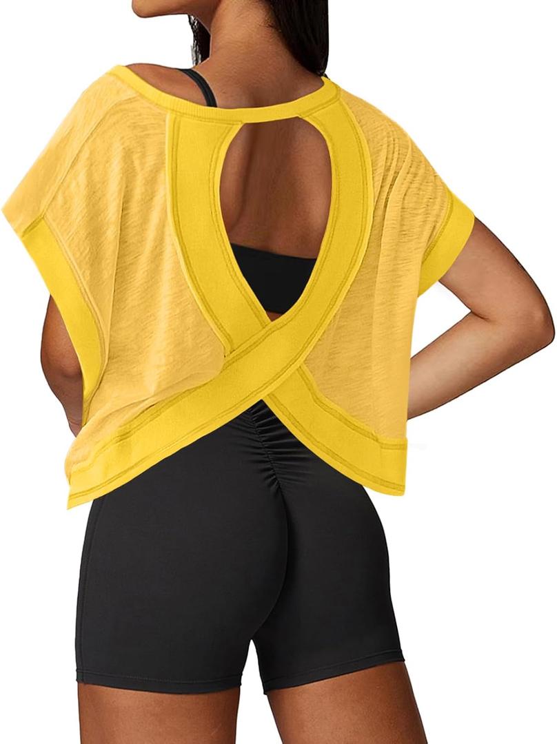 UNIANKIYA Open Back Workout Tops for Women Loose Fit Athletic Crop Tee Short Sleeve Gym Running Yoga Shirt L Yellow