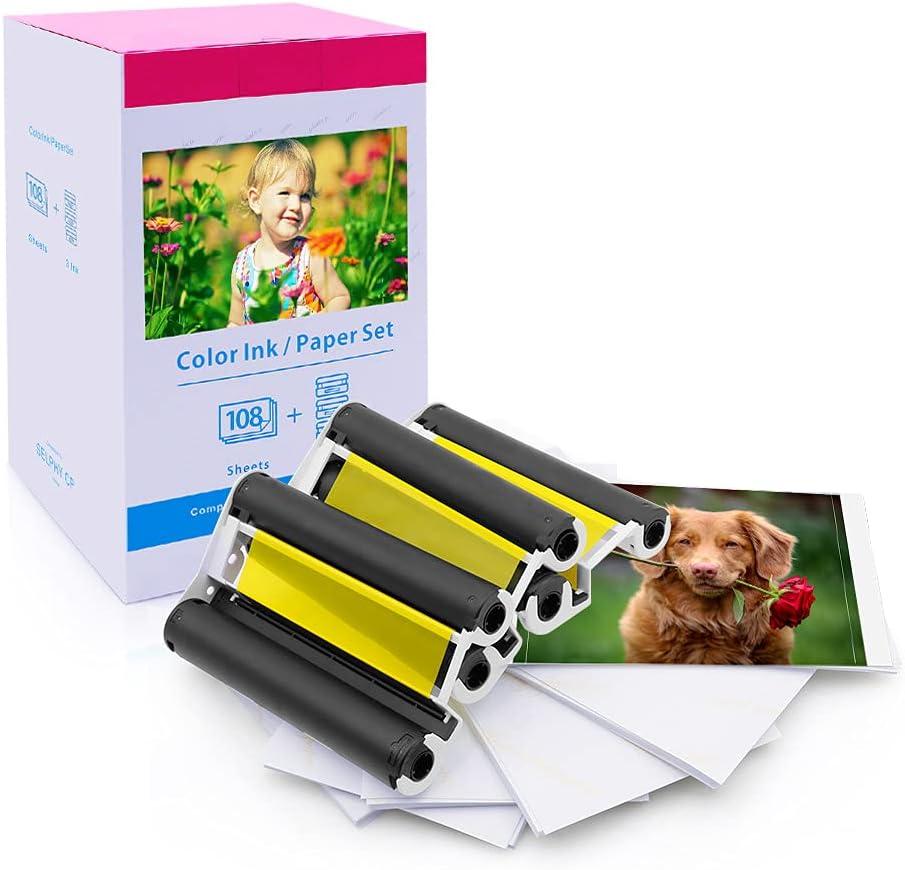 Compatible Canon Selphy CP1500 Ink and Paper KP-108IN KP108 3 Color Ink Cartridges and 108 Sheets 4x6 Photo Paper Glossy for Canon Selphy CP1500, CP1300, CP1200, CP1000, Compact Photo Printers