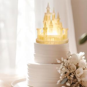 Baquler Castle Cake Topper Figurine Wedding Cake Topper Birthday Castle Night Light USB Rechargeable Princess Night Light for Wedding Birthday Party Decor(Colorful Light)