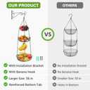 HULISEN 3 Tier Hanging Fruit Basket with Banana Hook, 36-Inch Heavy-Duty Wire Hanging Baskets for Kitchen Storage, Vegetable Produce Organizer (Including Installation Bracket)