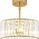 Gold Crystal Chandelier, Small Modern Semi Flush Mount Ceiling Chandelier Light Fixtures, Round Hanging Lighting Fixture for Kitchen Bedroom Hallway Entryway Laundry Room, 3-Light, 11.8 Inch (11.8 inch, Gold)