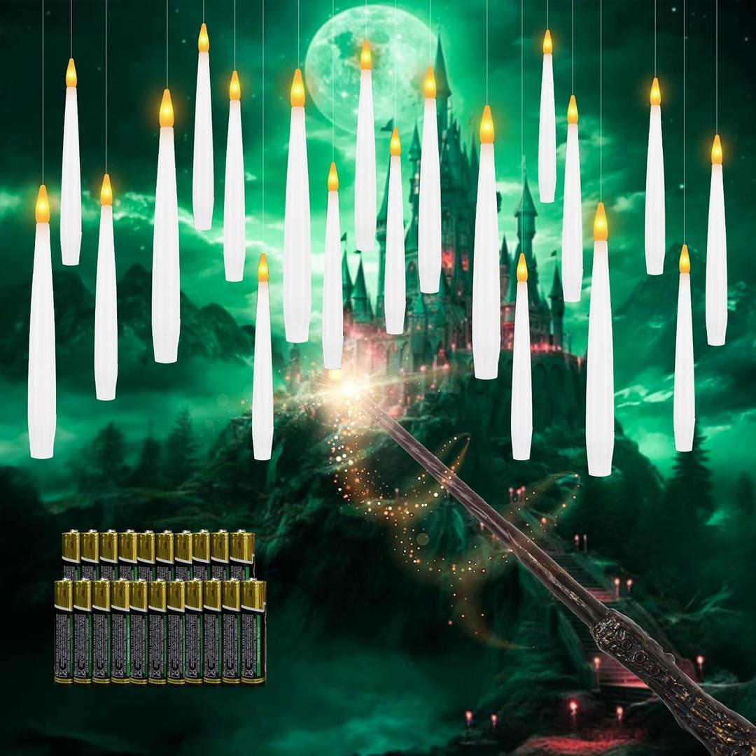 20 PCS Floating Candles with Wand LED Magic Hanging Candle Battery Operated Candle with 21 Batteries Include Flickering Warm Light Floating Candles for Christmas Halloween Decoration