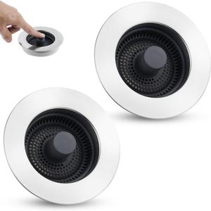 Universal 2PCS Kitchen Sink Strainer Stopper Combo, 3 in 1 Pop Up Kitchen Sink Stopper with Chrome Stainless Steel Wraped Shell for US Standard 3-1/2 inch Drain Filter, Anti-Clog