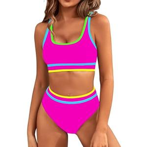 BMJL Women's High Waisted Bikini Sets Sporty Two Piece Swimsuits Color Block Cheeky High Cut Bathing Suits, Large